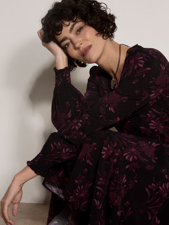 Floral Crepe Midi Dress, Burgundy, large