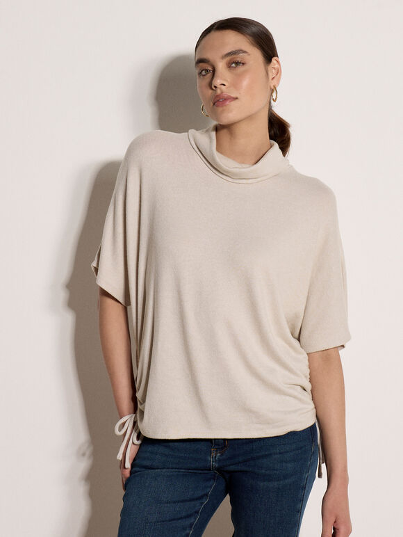 Roll Neck Oversized Top, Stone, large