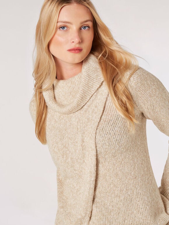 Roll Neck Slub Wrap Jumper, Stone, large