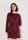 Chevron Sequin Belted Mini Dress, Burgundy, large