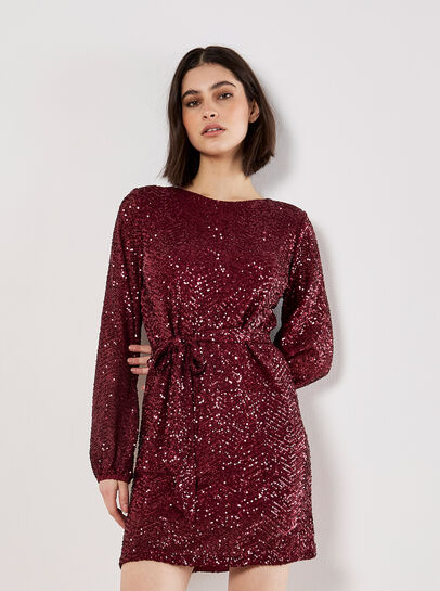 Chevron Sequin Belted Mini Dress