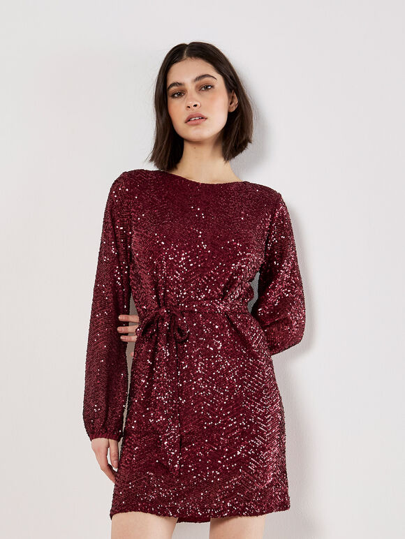 Chevron Sequin Belted Mini Dress, Burgundy, large