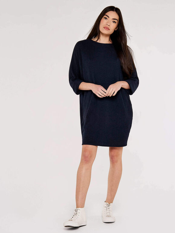 Ribbed Cocoon Dress, Navy, large