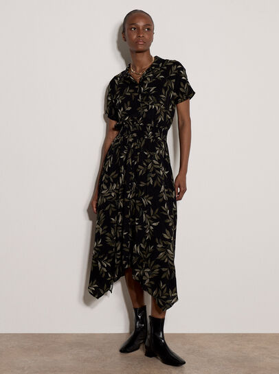 Leaf Print Hanky Hem Midi Dress