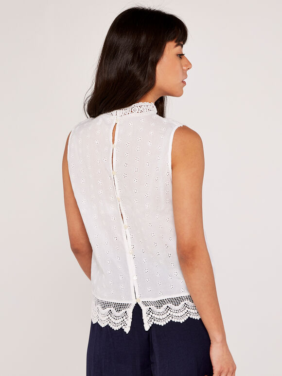 Broderie High Neck Top, Cream, large