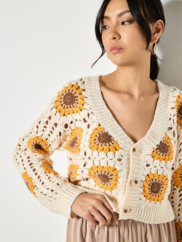 Sunflower Hand-Knit Crochet Cardigan, Stone, large