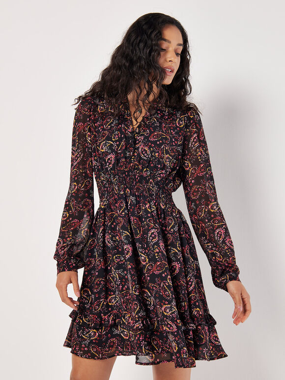 Paisley Ruffle Mini Dress , Pink, large