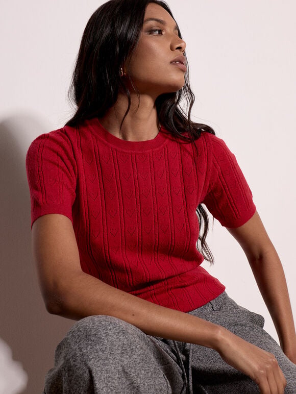 Pointelle Hearts Knitted T-Shirt, Red, large