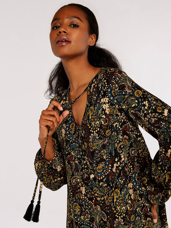 Paisley Tassel Boho Blouse, Black, large