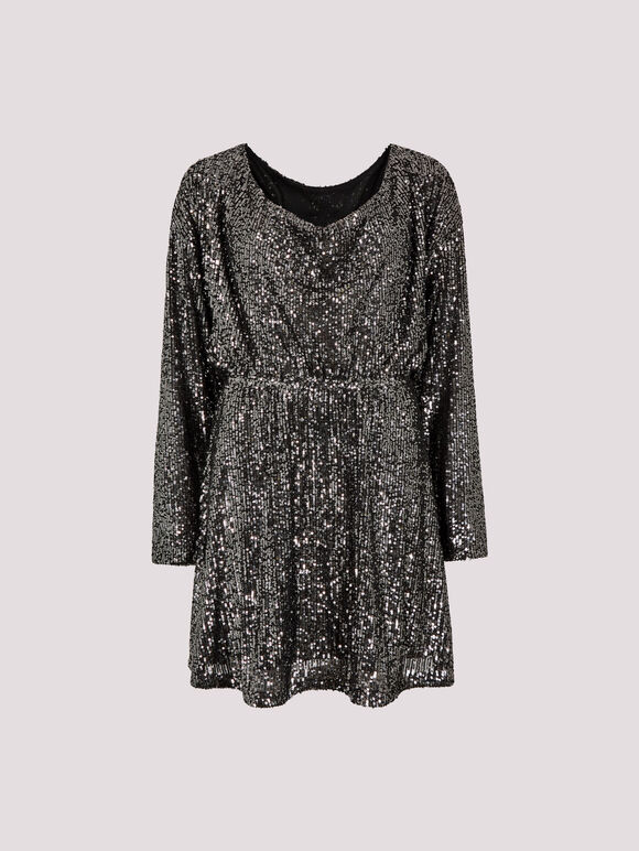 Cowl Back Sequin Mini Dress, Grey, large