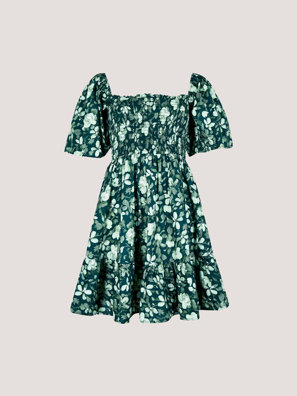 Smocked Cotton Floral Mini Dress, Green, large
