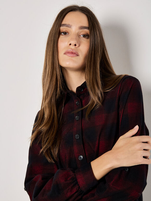 Check Cotton Corduroy Mini Dress, Red, large