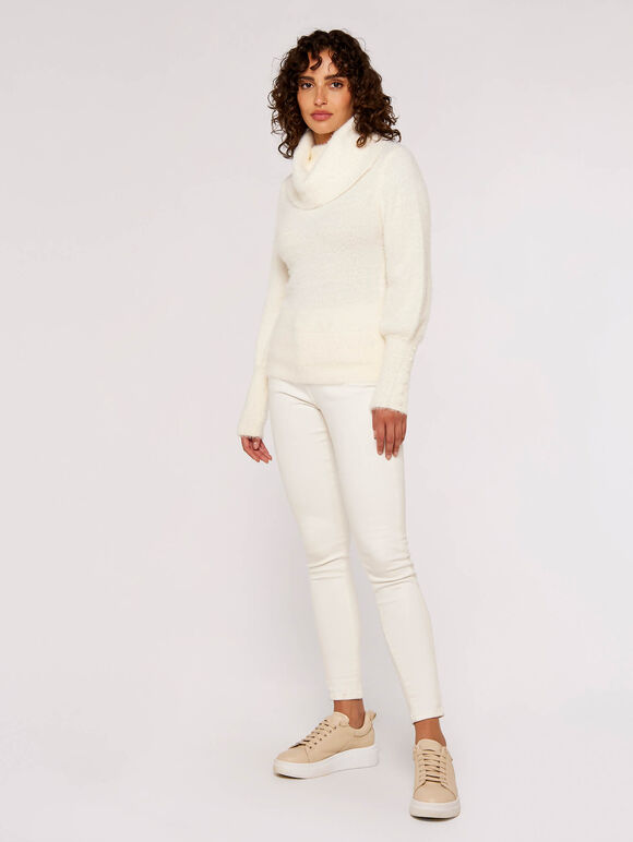 Fluffy Roll Neck Jumper, White, large