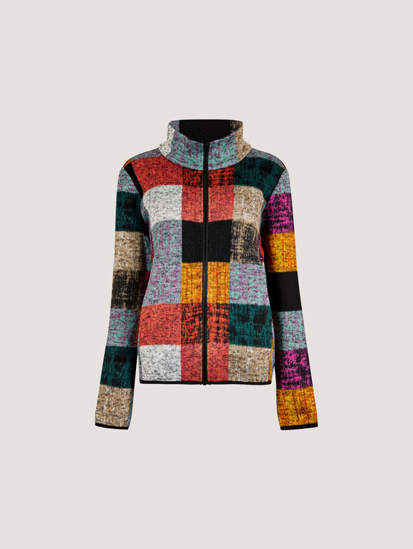 Colourful Check Fleece Jacket, Grey, large