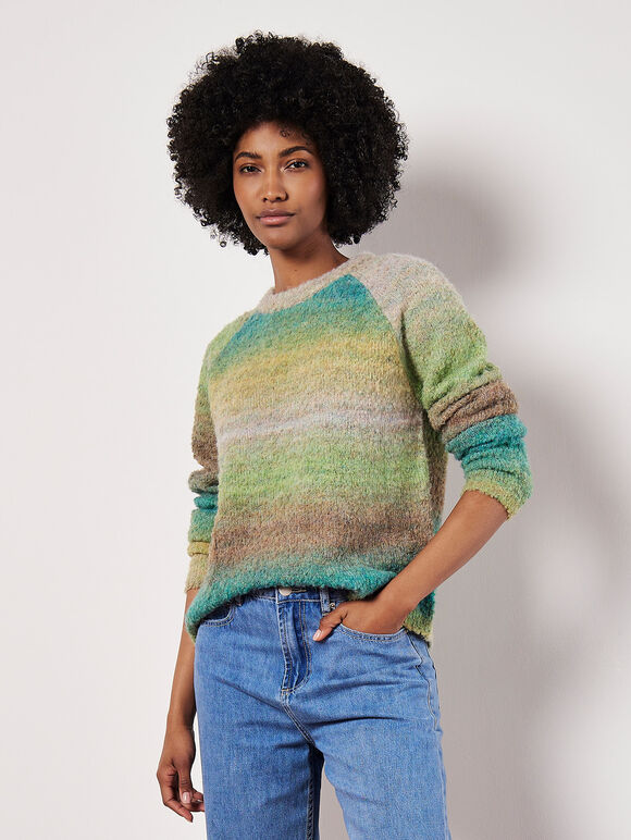 Boucle Knit Multicolour Jumper, Green, large
