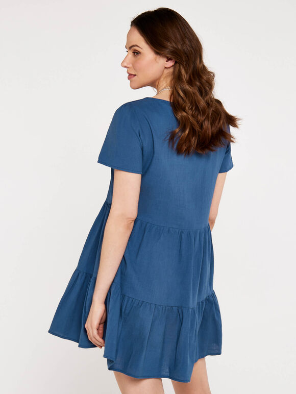 Cotton Neck Tiered Dress, Blue, large