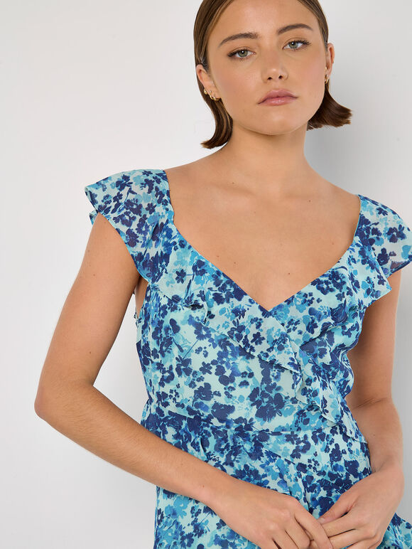 Floral Asymmetric Ruffle Midaxi Dress, Aqua - Turquoise, large