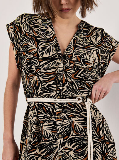Leaf Print Rope Belt Mini Dress