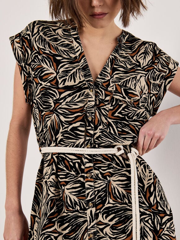 Leaf Print Rope Belt Mini Dress, Rust, large