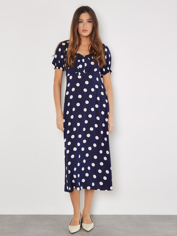 Polka Dot Bow Detail Midi Dress, Navy, large