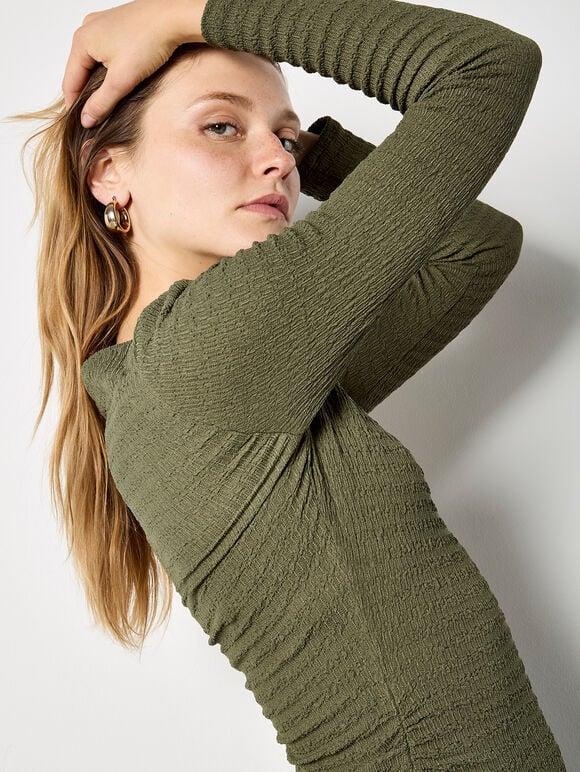 Side Ruched Textured Jersey Top, Khaki, large