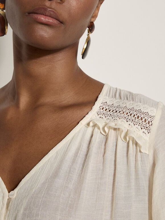 Crochet Insert Shimmer Blouse, Stone, large