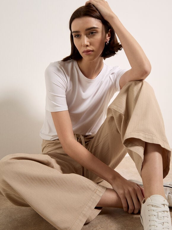 Erin Wide-Leg Cotton Drawstring Jeans, Stone, large