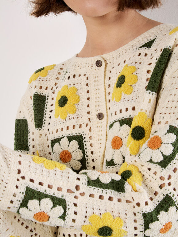 Patchwork Daisy Crochet Cardigan, Yellow, large