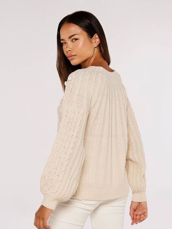 Aran Knit Pom Pom Jumper, Stone, large