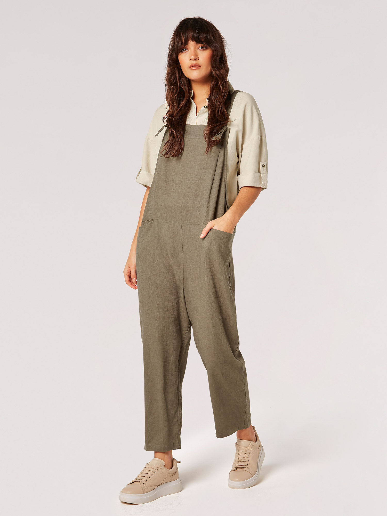 Linen Blend Relaxed Fit Dungarees Apricot Clothing