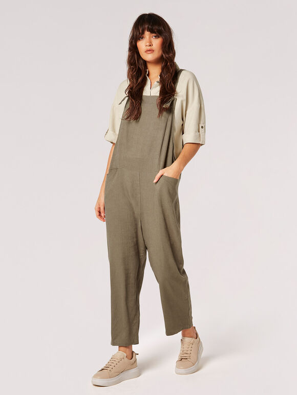 Linen Blend Relaxed Fit Dungarees, Khaki, large