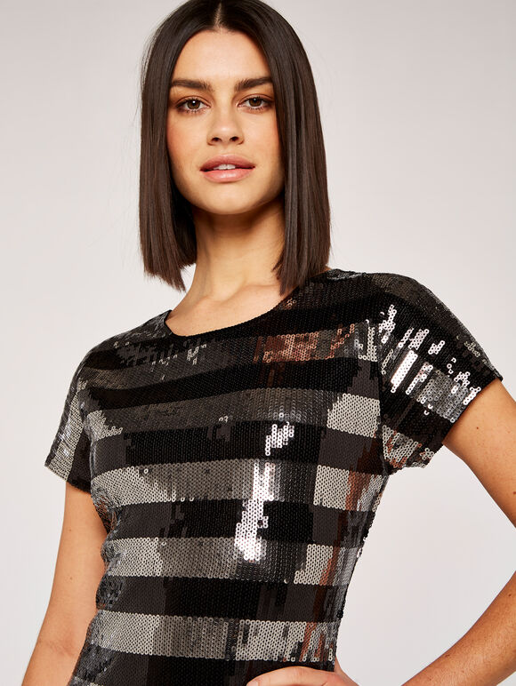 Sequin Stripe Mini Dress, Light Grey / Silver, large