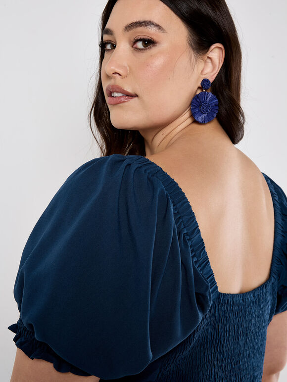 Tie Detail Milkmaid Midaxi Dress, Navy, large