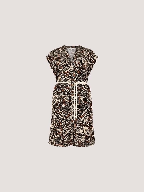 Leaf Print Rope Belt Mini Dress, Rust, large