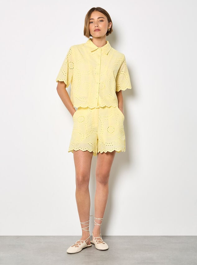 Scalloped Broderie Cropped Shirt, Yellow, large