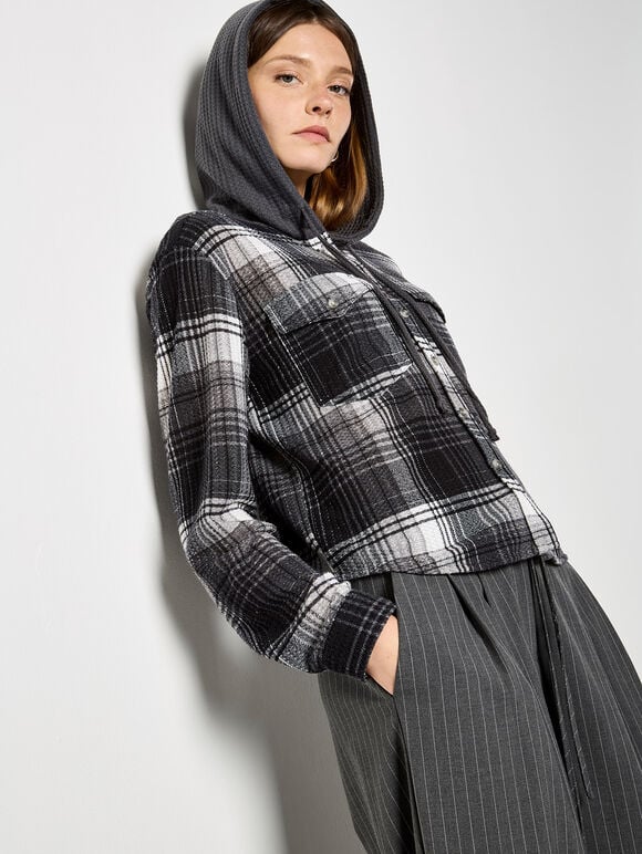 Textured Hooded Check Shirt, Grey, large