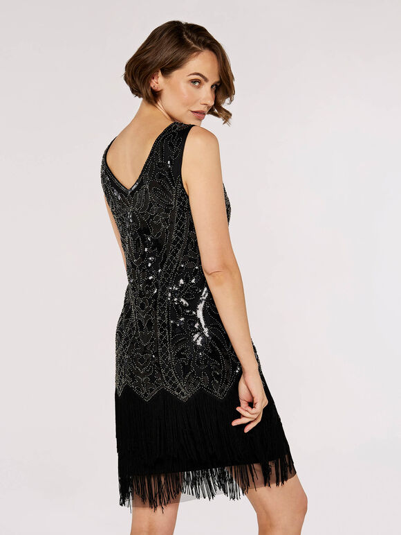 Sequin Bead Tassel Dress, Black, large