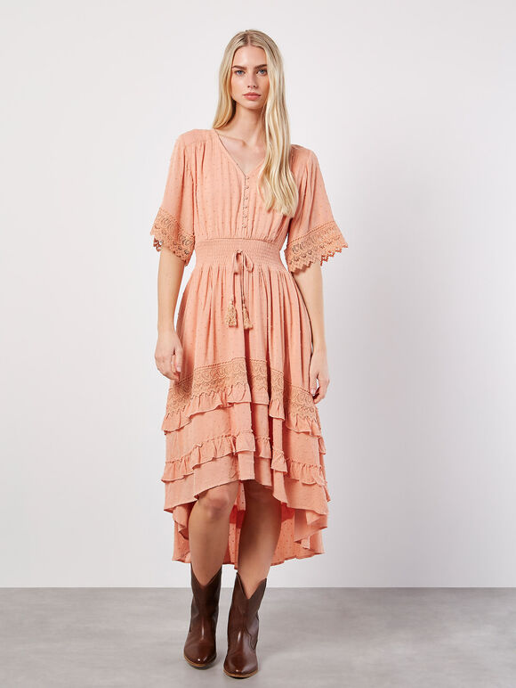 Dobby Ruffle Tiered Midi Dress, Coral, large