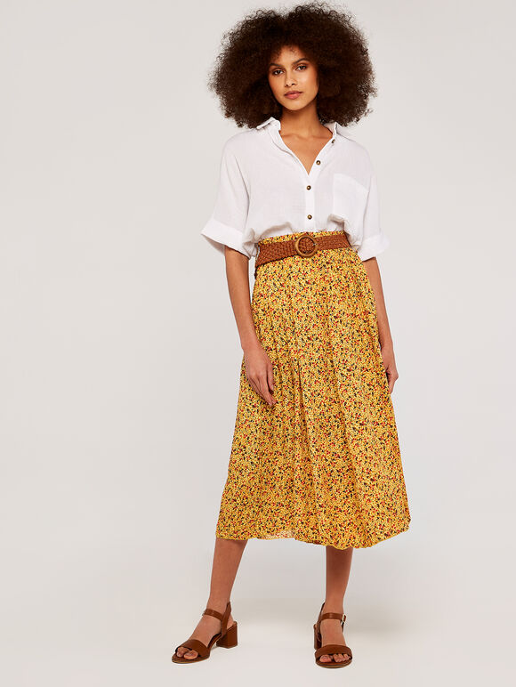 Ditsy Belted Midi Skirt, Yellow, large