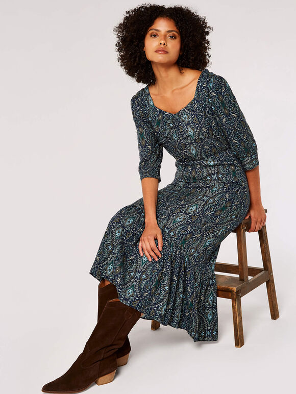 Paisley Print Midi Dress, Navy, large