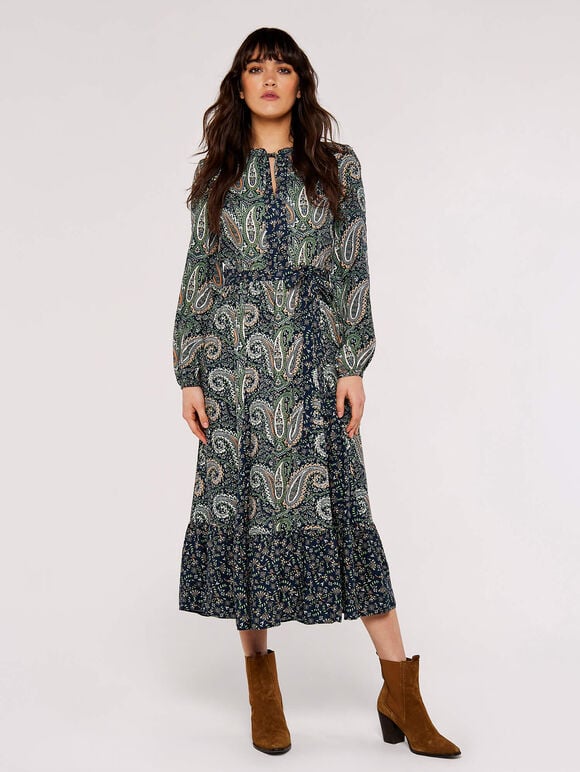 Paisley Mix-Match Midi Dress, Green, large