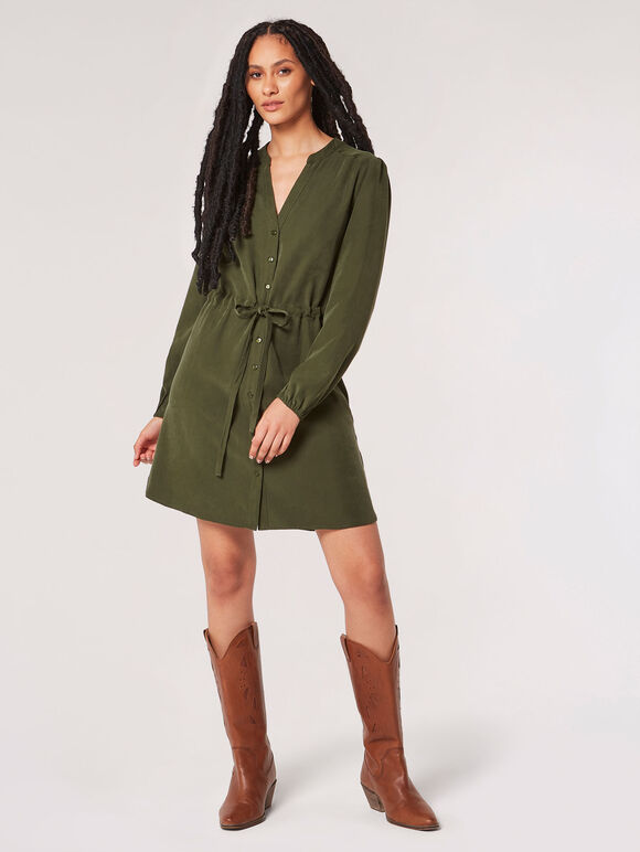 Twill Shirt Mini Dress, Green, large