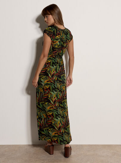 Tropical Leaf Smocked Maxi Dress