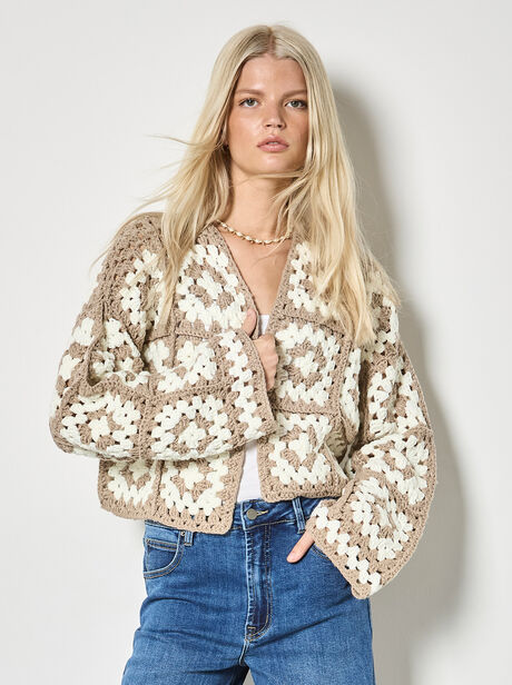 Hand-Knit Crochet Squares Cardigan