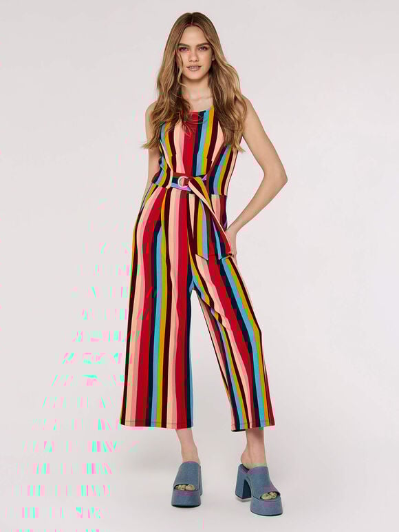 Multi-stripe Tie Waist Jumpsuit, Red, large