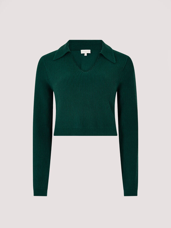 Cropped Ribbed Jersey Knit Jumper, Green, large