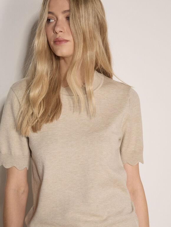 Scallop Knitted T-Shirt, Stone, large
