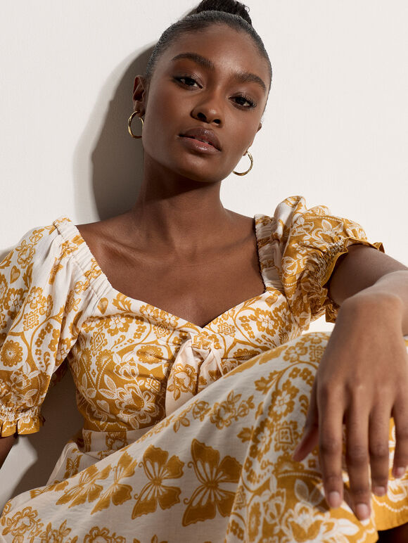 Butterfly Border Print Midi Dress, Mustard, large