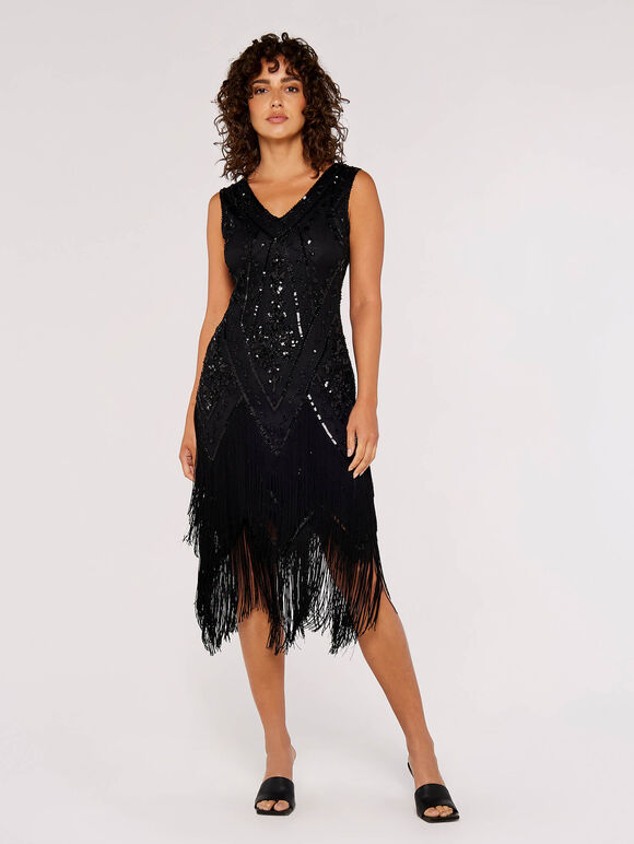 Chevron Sequin Fringed Mini Dress, Black, large