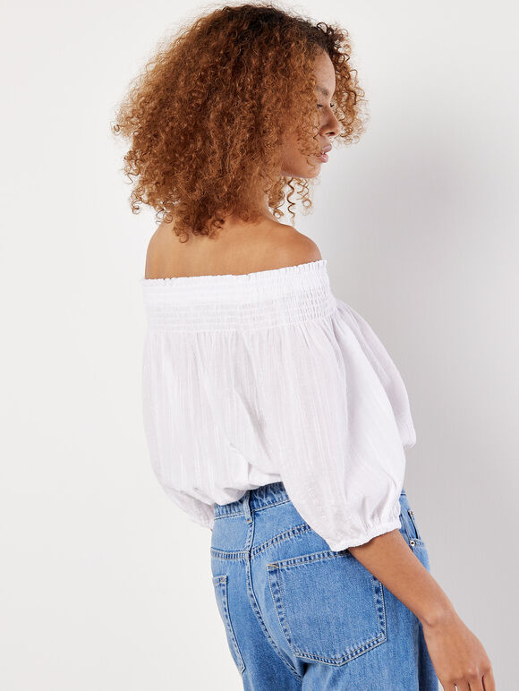Textured Cotton Bardot Crop Top, White, large